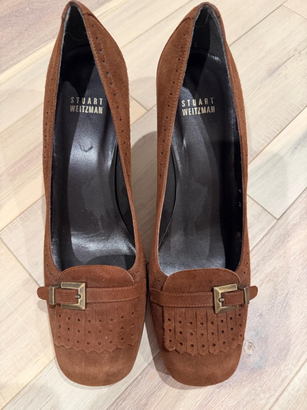 Stuart Weitzman Brown Suede Fringed Kiltie Buckle Pumps